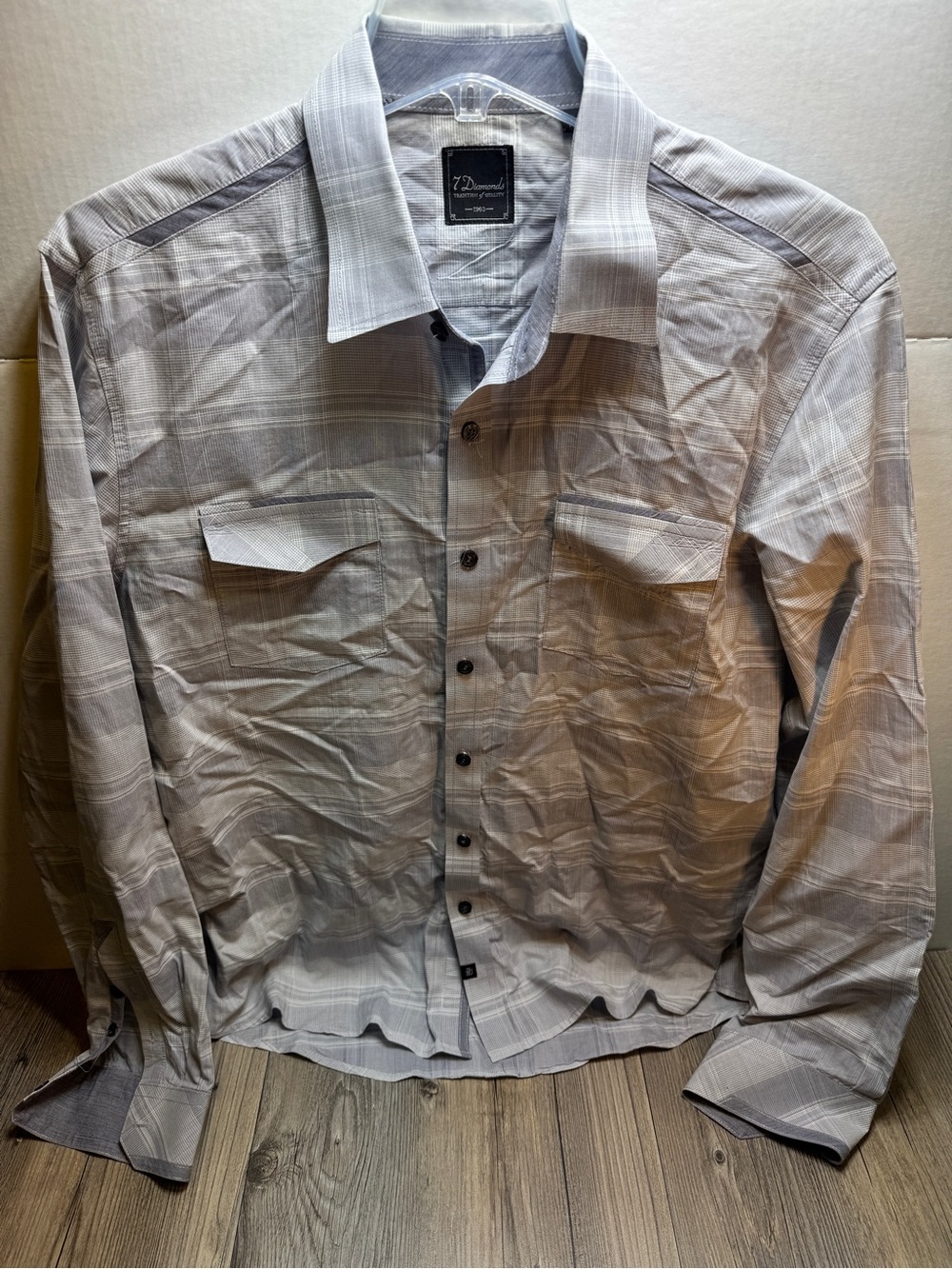 7 Diamonds Shirt Men’s Size Large Gray Dress Oxford Button Up Pockets Collared
